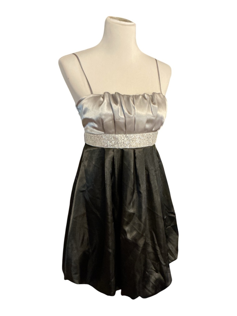 Silver Satin & Black Party Dress with Embellished Waist